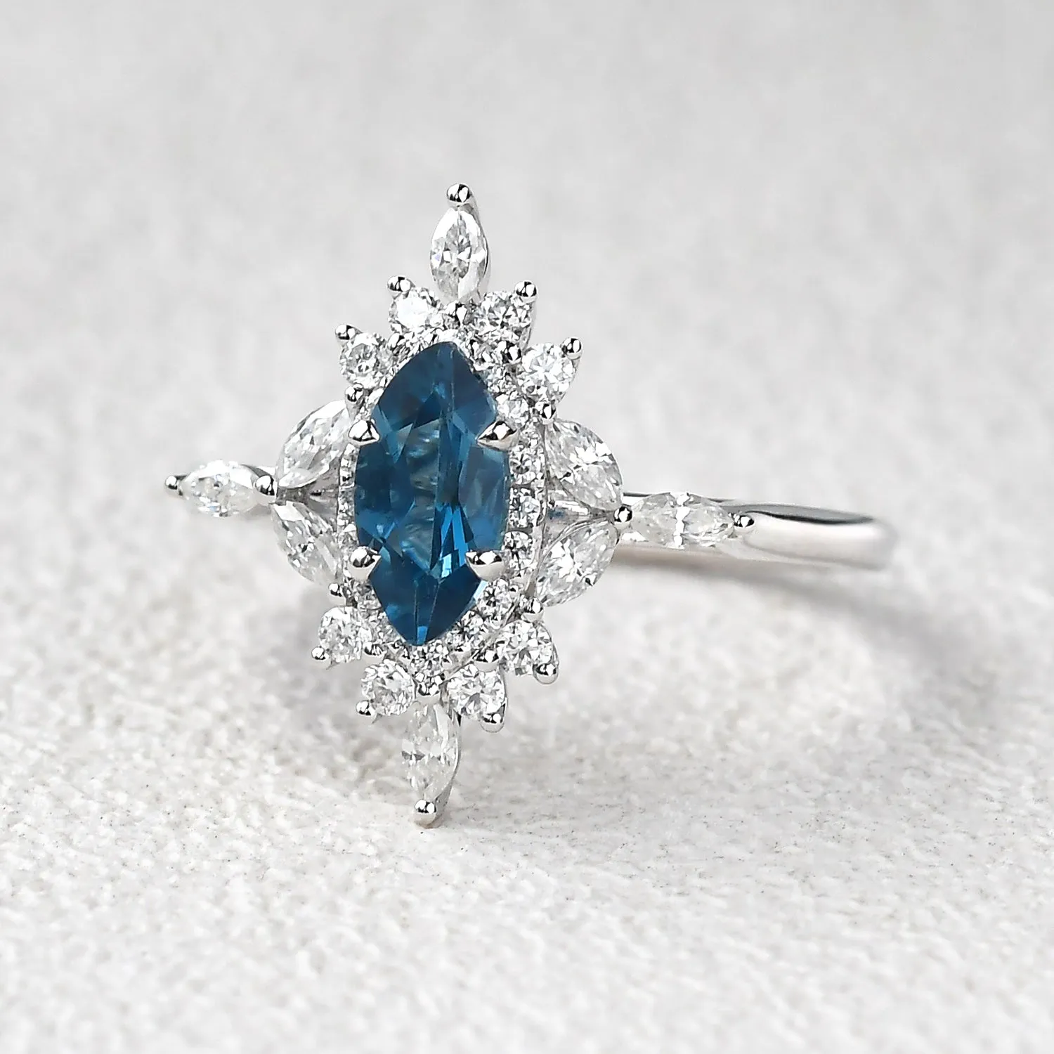 1.0ct Marquise Cut London Blue Topaz Cluster Vintage Ring