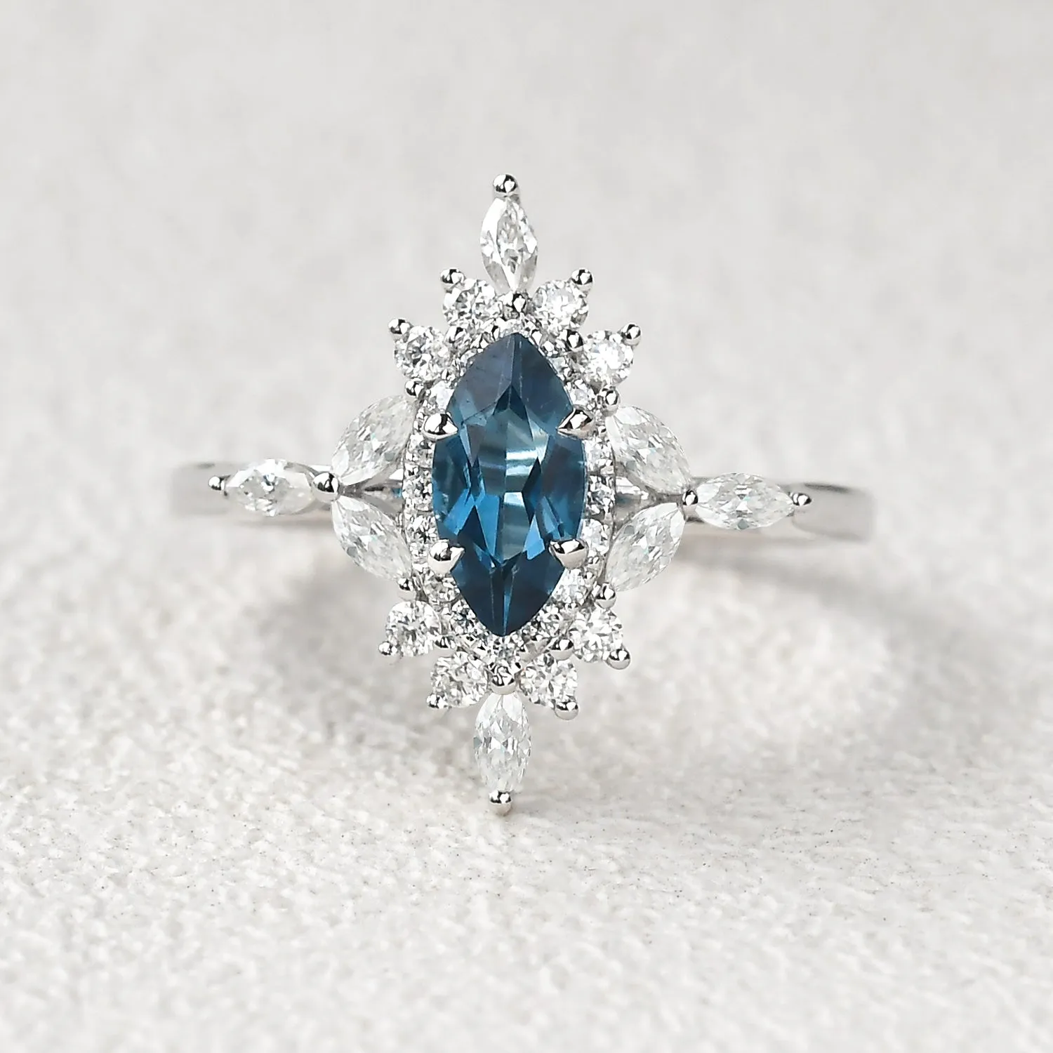 1.0ct Marquise Cut London Blue Topaz Cluster Vintage Ring