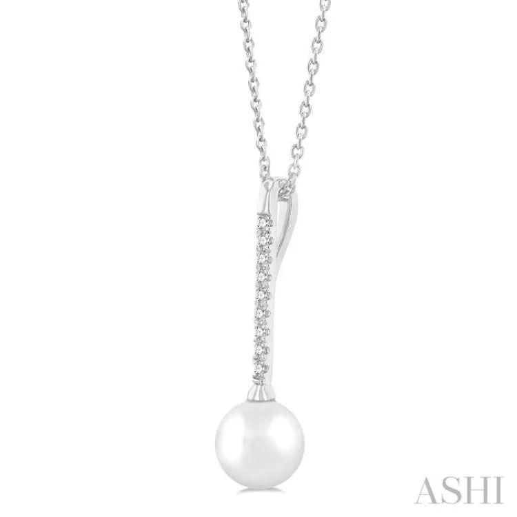 1/10 ctw Petite 7X7 MM Cultured Pearl and Round Cut Diamond Fashion Pendant With Chain in 10K White Gold