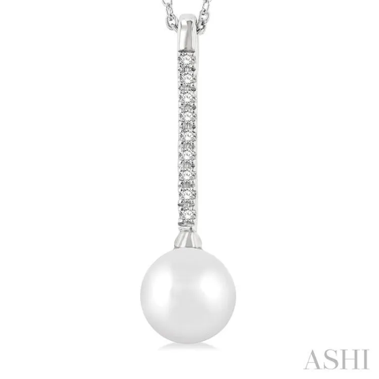 1/10 ctw Petite 7X7 MM Cultured Pearl and Round Cut Diamond Fashion Pendant With Chain in 10K White Gold