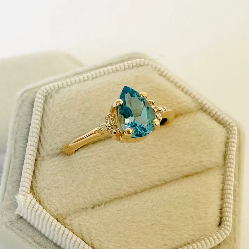 14K Blue Topaz Pear & Diamond Ring