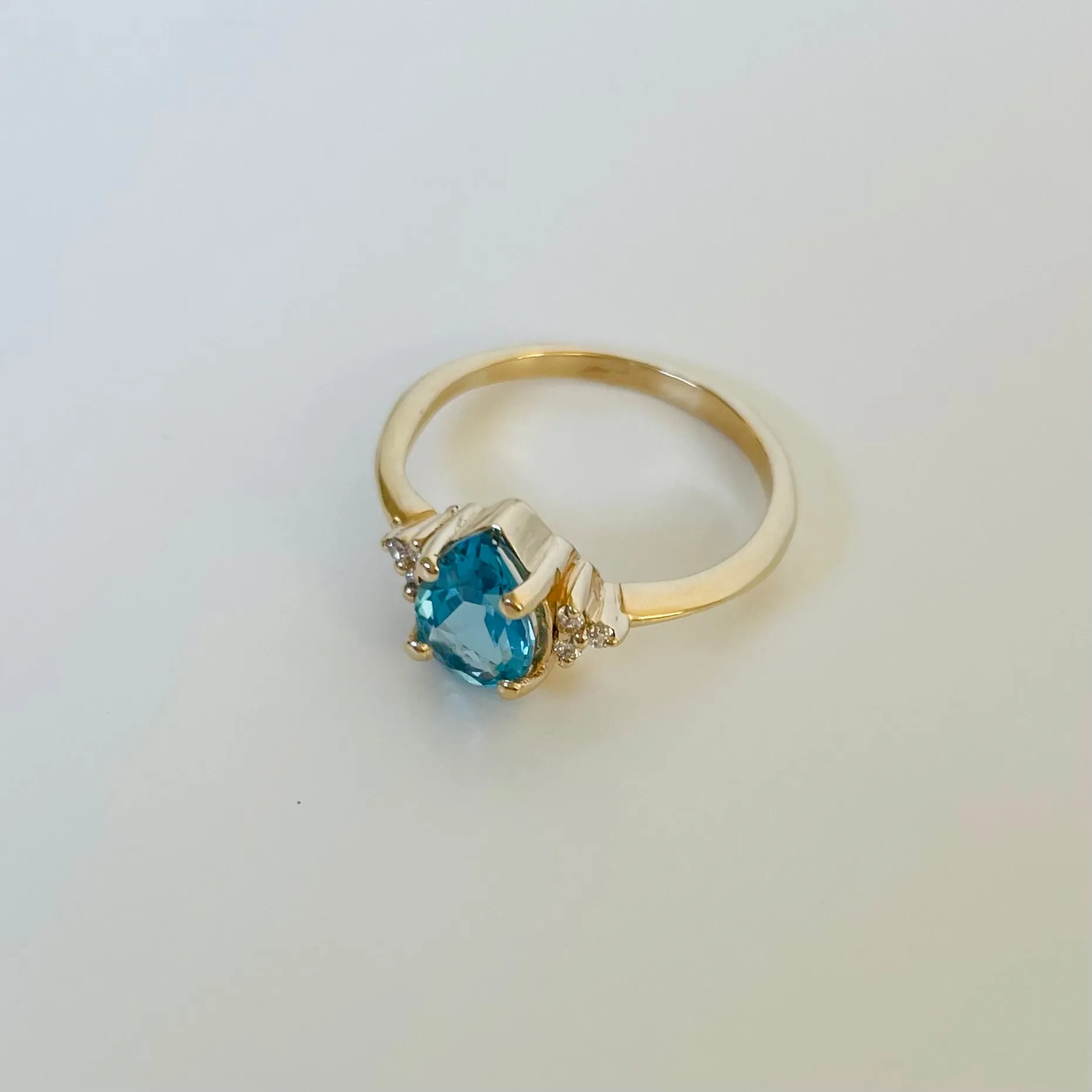 14K Blue Topaz Pear & Diamond Ring