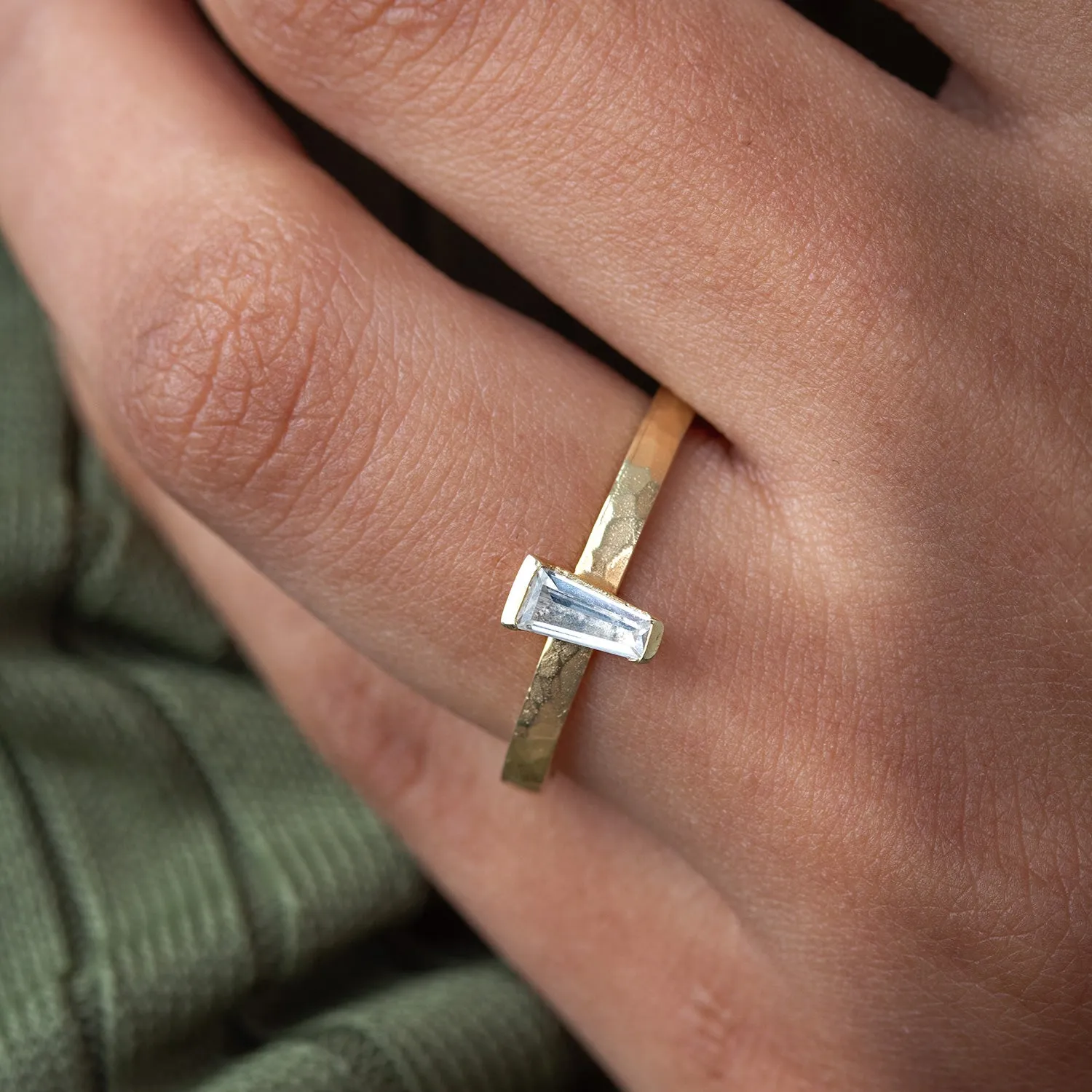 14k Hammered Narrative Ring with Tapered Baguette Diamond