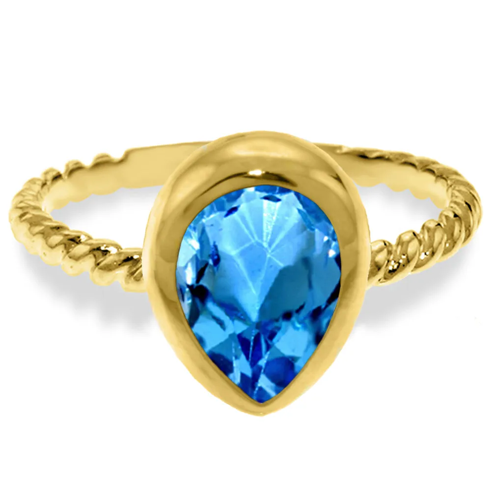 14K Solid Yellow Gold Rings w/ Natural Pear Shape Blue Topaz