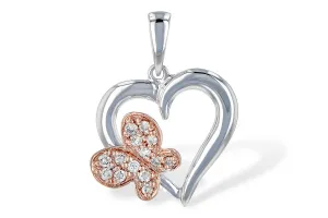 14K Two Tone Butterfly Diamond Heart Pendant