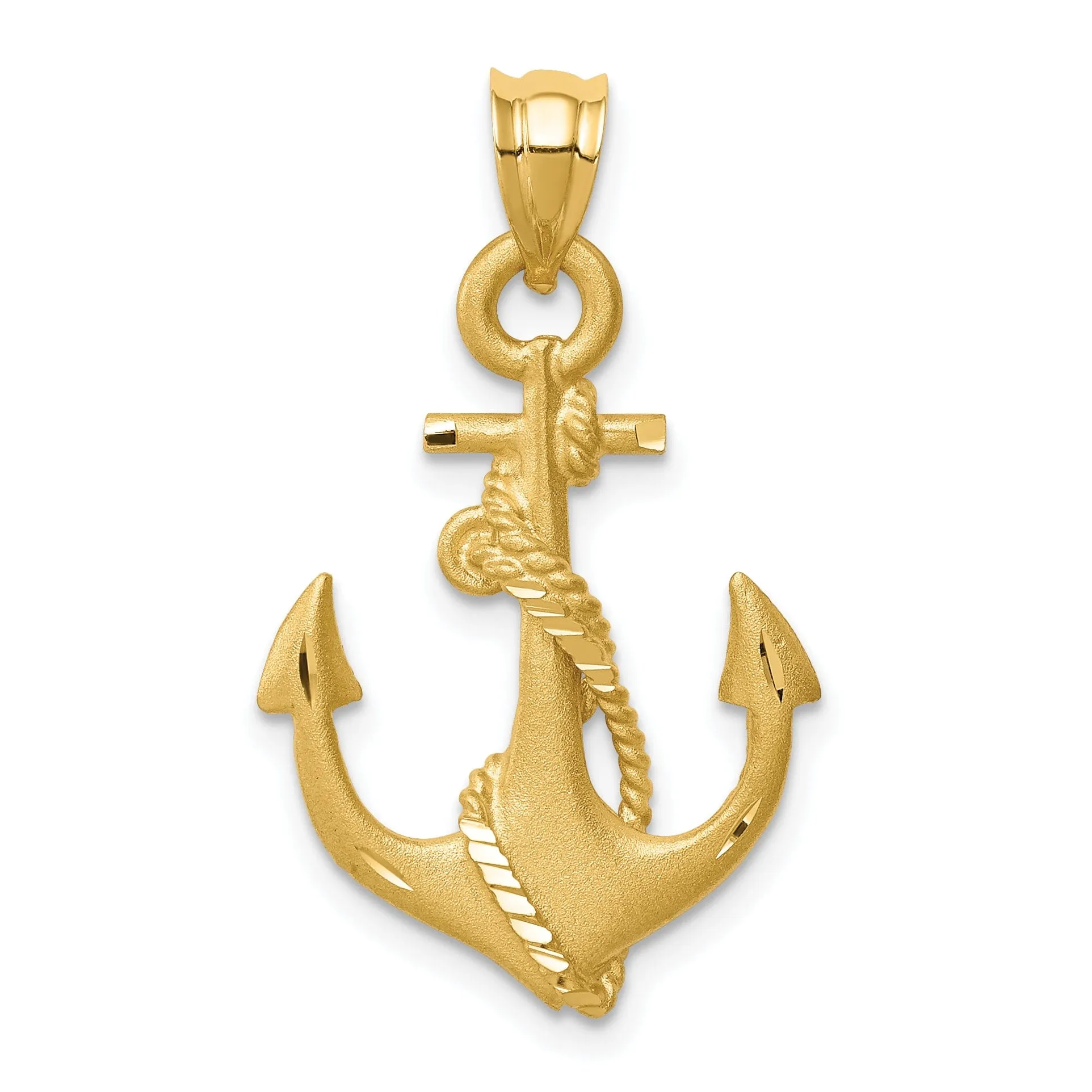 14K Yellow Gold Brushed D.C Finish Anchor Rope Design Pendant