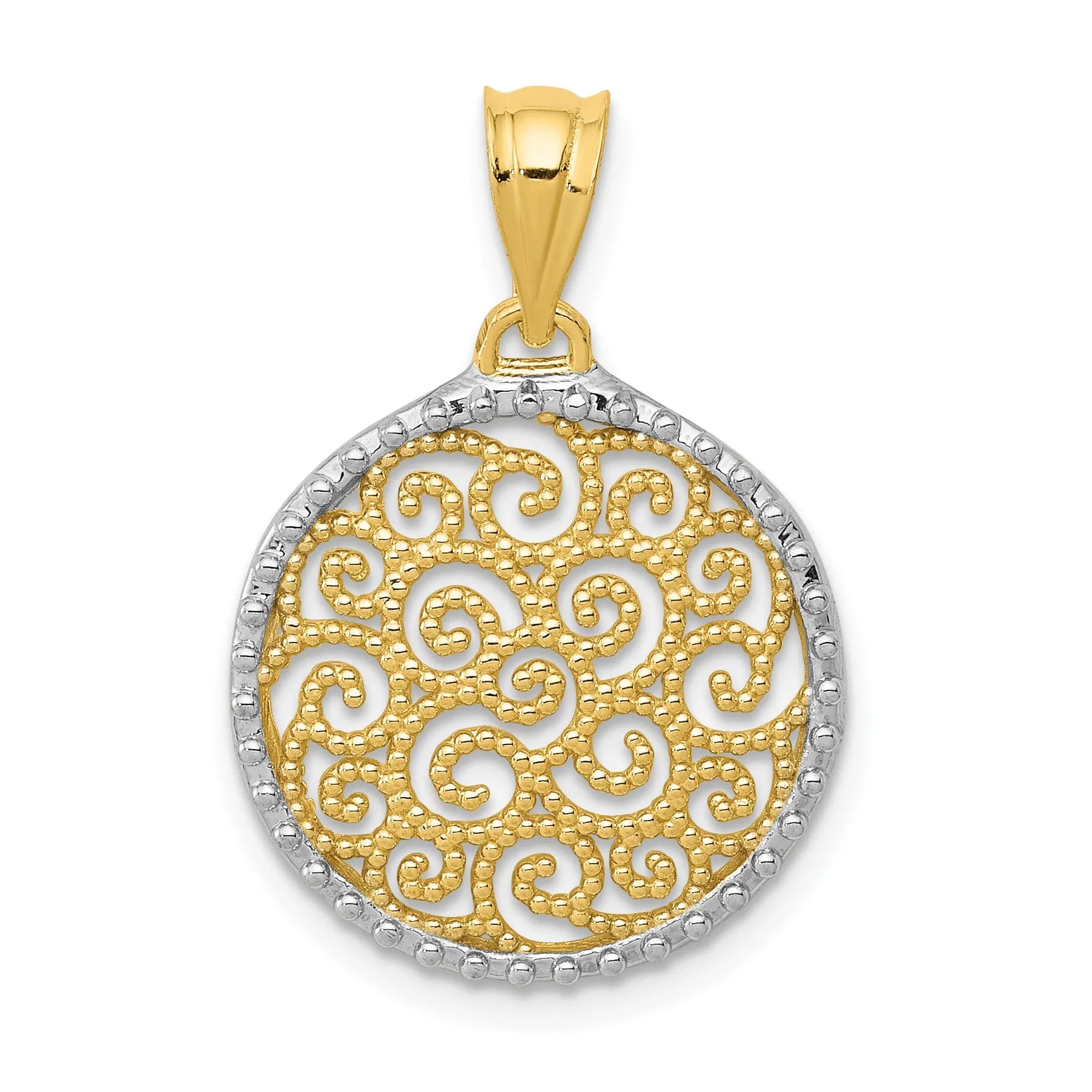 14k Yellow Gold Polished Finish Beaded Design Filigree Round Circle Pendant