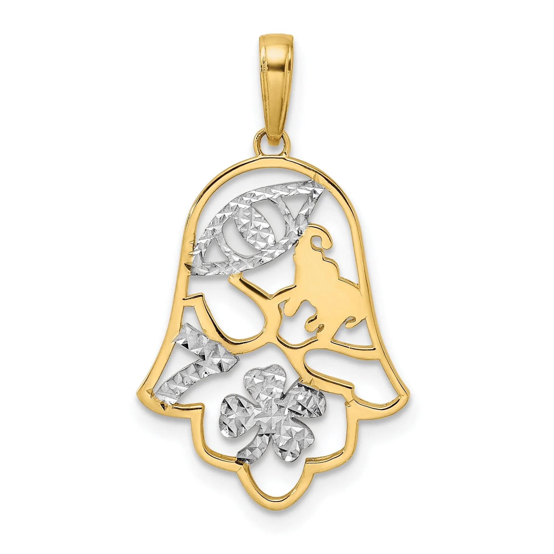 14k Yellow Gold Polished GOOD LUCK Symbols Hamsa with Evil Eye Pendant