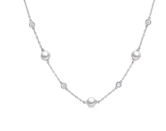 14KW Pearl & Diamond Station Necklace w/ 0.25 ctw