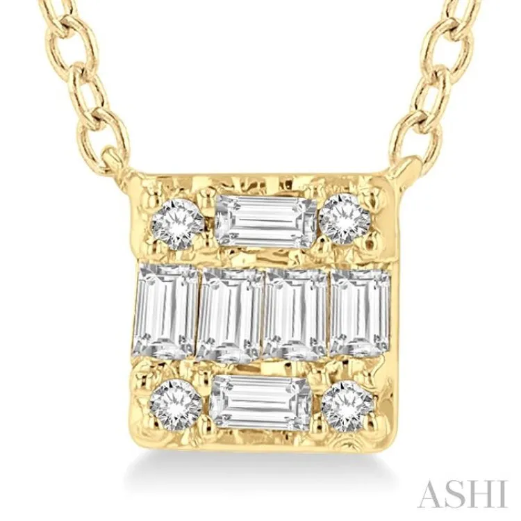 1/8 ctw Square Shape Baguette and Round Cut Diamond Petite Fashion Pendant With Chain in 10K Yellow Gold