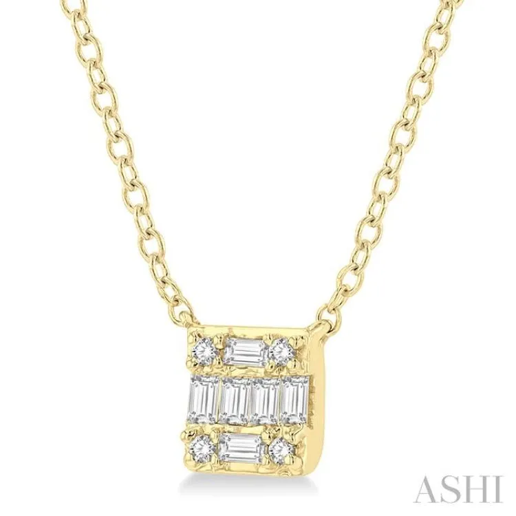 1/8 ctw Square Shape Baguette and Round Cut Diamond Petite Fashion Pendant With Chain in 10K Yellow Gold