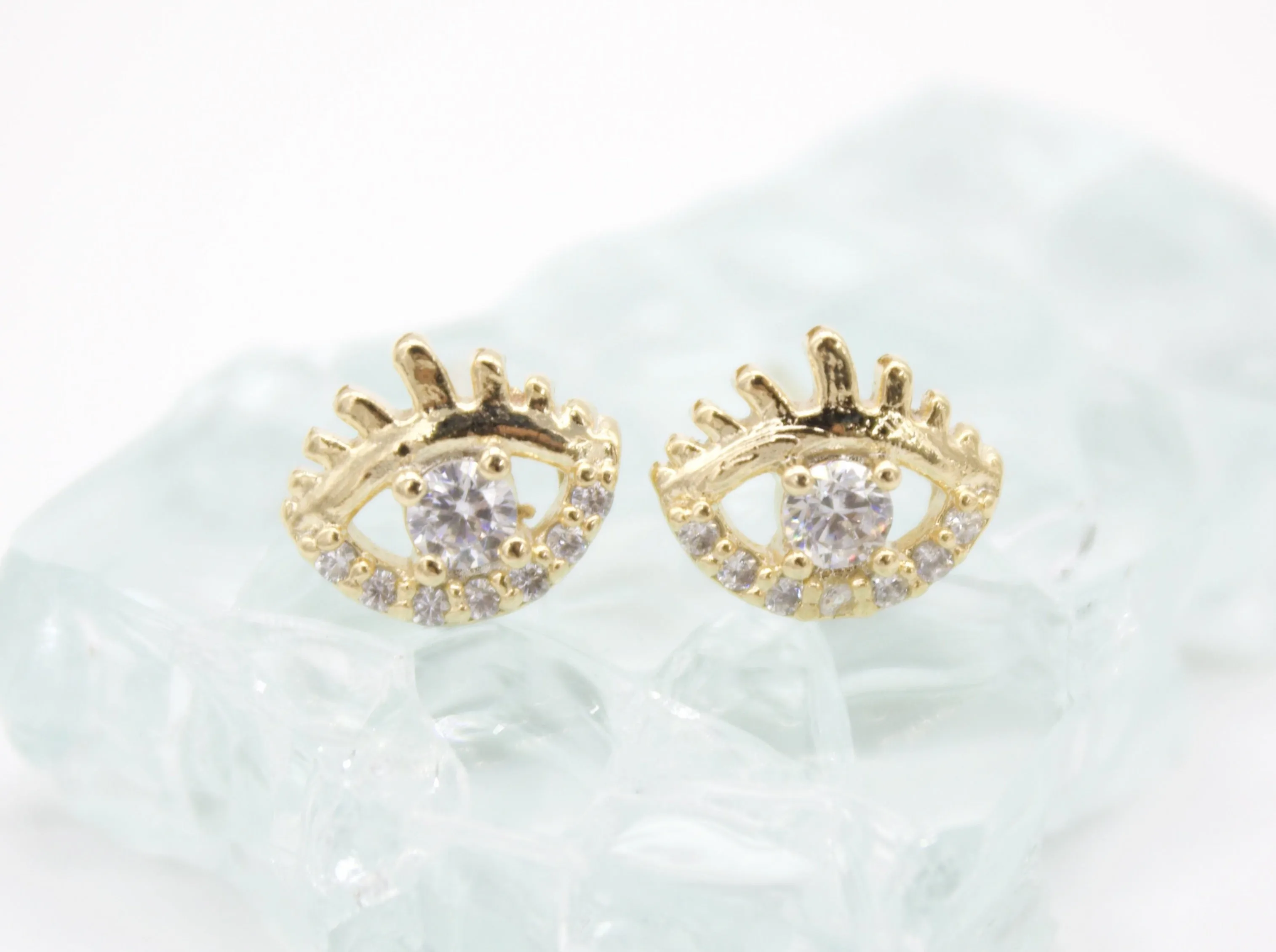 18K Gold Filled Evil Eye Stud Earrings With Clear CZ Stones (L76)