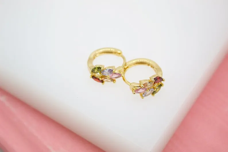 18K Gold Filled Huggies Earrings With MultiColor Oval leaf Shaped CZ Cubic Zirconia Stones (STYLE K) (L73)