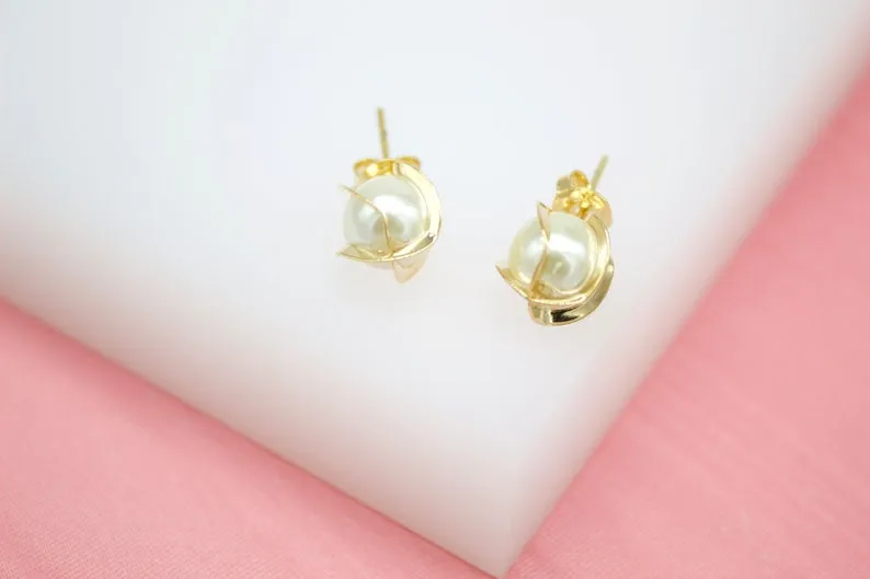 18K Gold Filled Small And Large Golden Pearl Stud Earrings (K246)