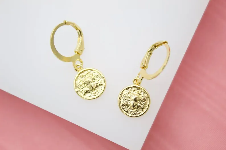 18K Gold Filled Small Medusa Charm Huggie Hoop Dangle Drop Earrings