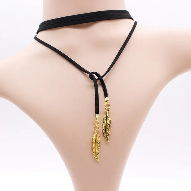 2017 Sexy Long Suede ethnic Choker Necklace feather Accessories Black leather Rope Necklace Collares statement tattoo for Women