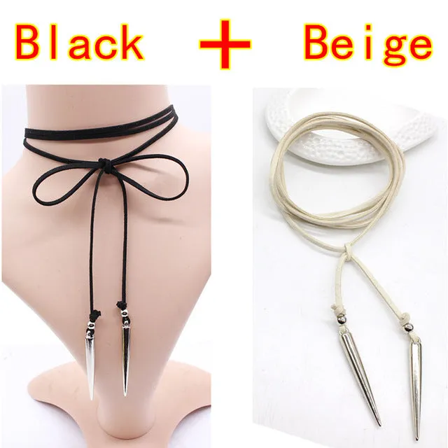 2PCS New Black Leather Choker Necklace Bullet punk style Gothic Rivet jewelry Retro statement long vegan sexy collier femme DIY