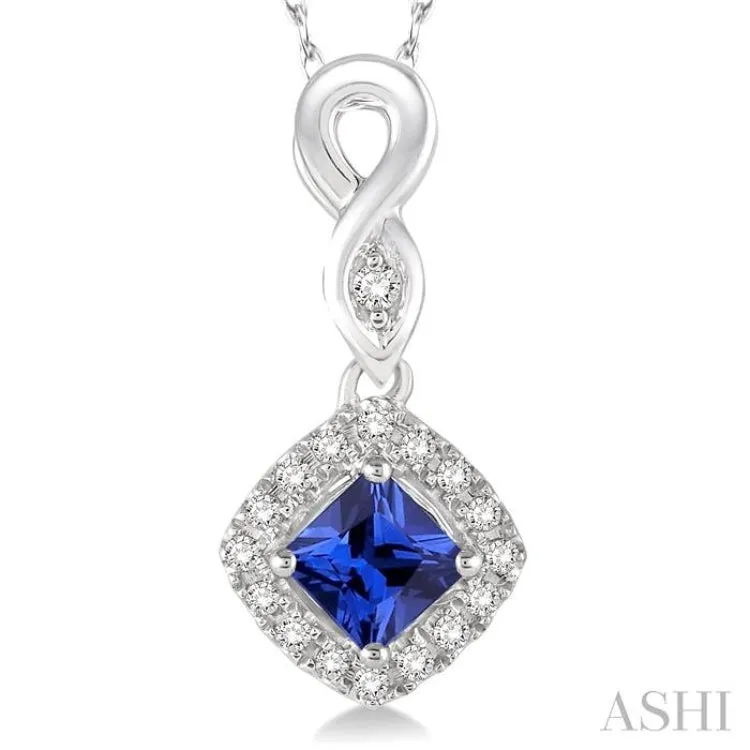 4x4 MM Cushion Cut Sapphire and 1/10 Ctw Round Cut Diamond Pendant in 14K White Gold with Chain