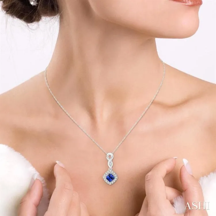 4x4 MM Cushion Cut Sapphire and 1/10 Ctw Round Cut Diamond Pendant in 14K White Gold with Chain