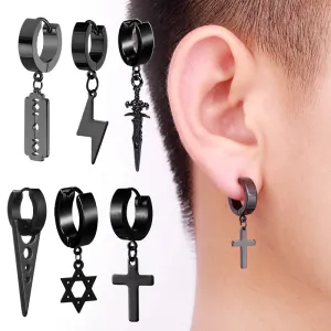 6 Pairs of Black Earrings Set Stainless Steel Pendant  Earring Set Men's Stud Earrings Men and Women Jewelry Ear Piercing Set