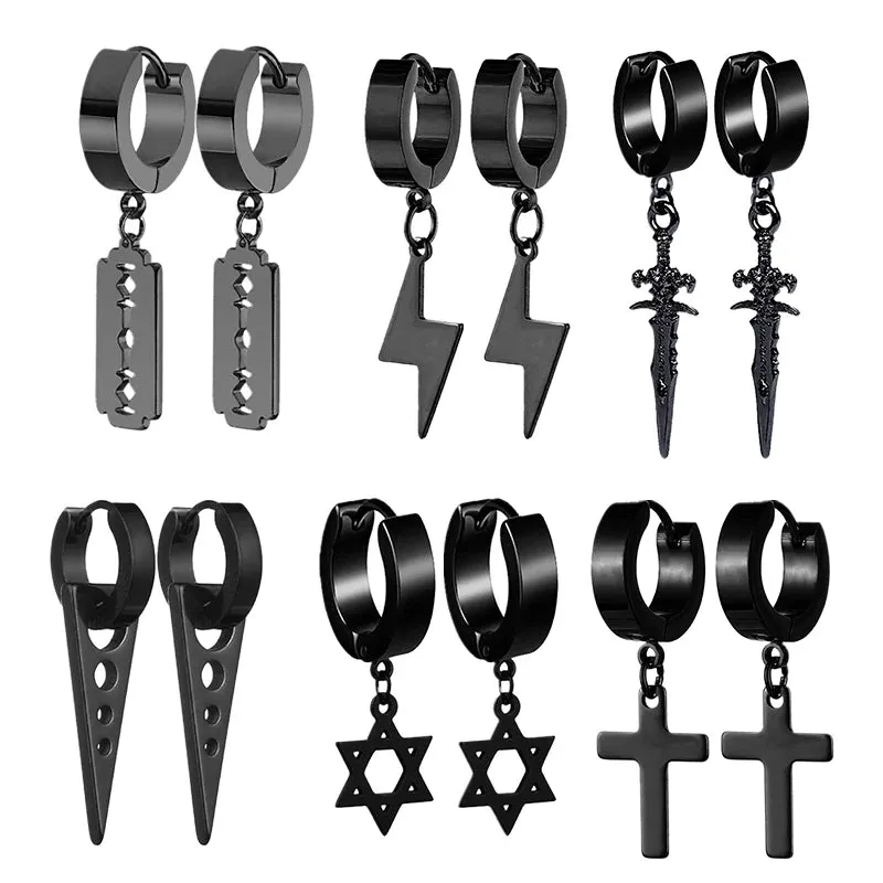 6 Pairs of Black Earrings Set Stainless Steel Pendant  Earring Set Men's Stud Earrings Men and Women Jewelry Ear Piercing Set