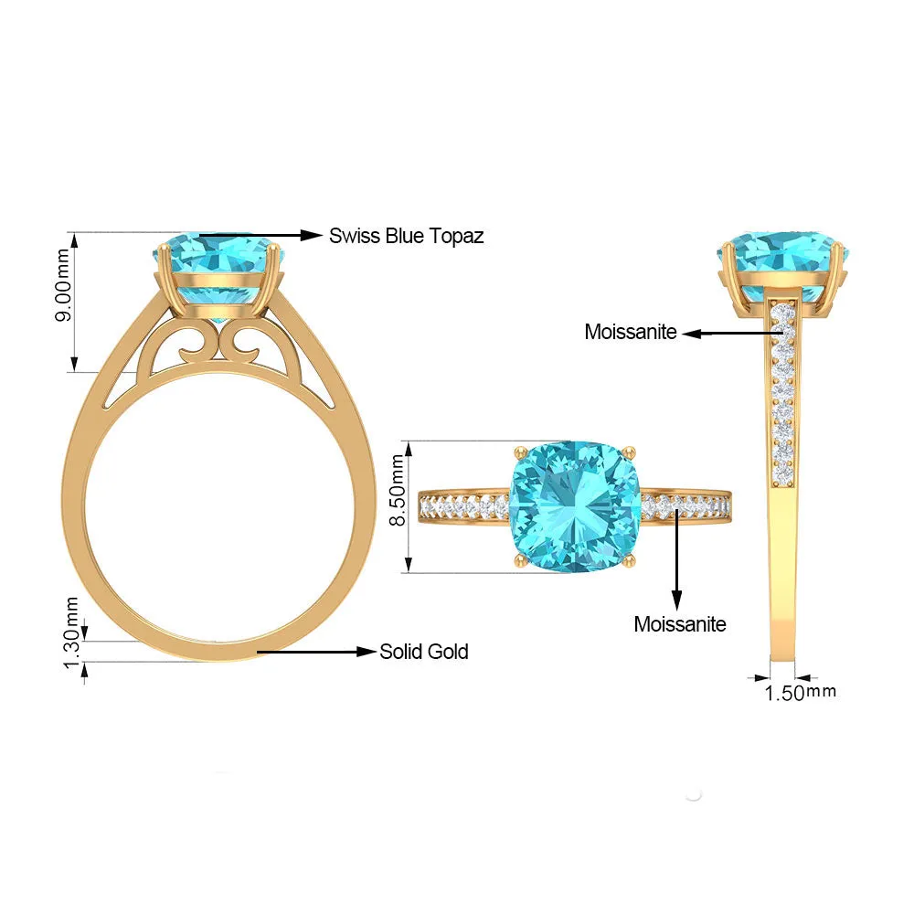 8.5 MM Cushion Cut Swiss Blue Topaz Solitaire with Diamond Side Stone Ring