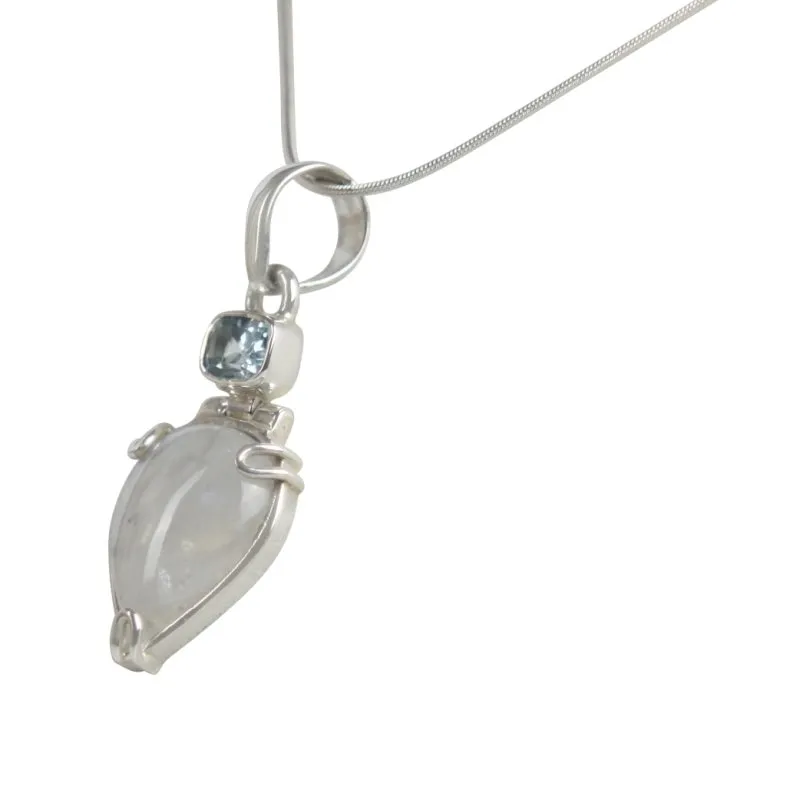 A Charming Inverted Teardrop Shaped Moonstone Pendat Accent with a Beautiful Shiny Faceted Rectangular Blue Topaz