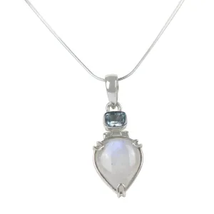 A Charming Inverted Teardrop Shaped Moonstone Pendat Accent with a Beautiful Shiny Faceted Rectangular Blue Topaz