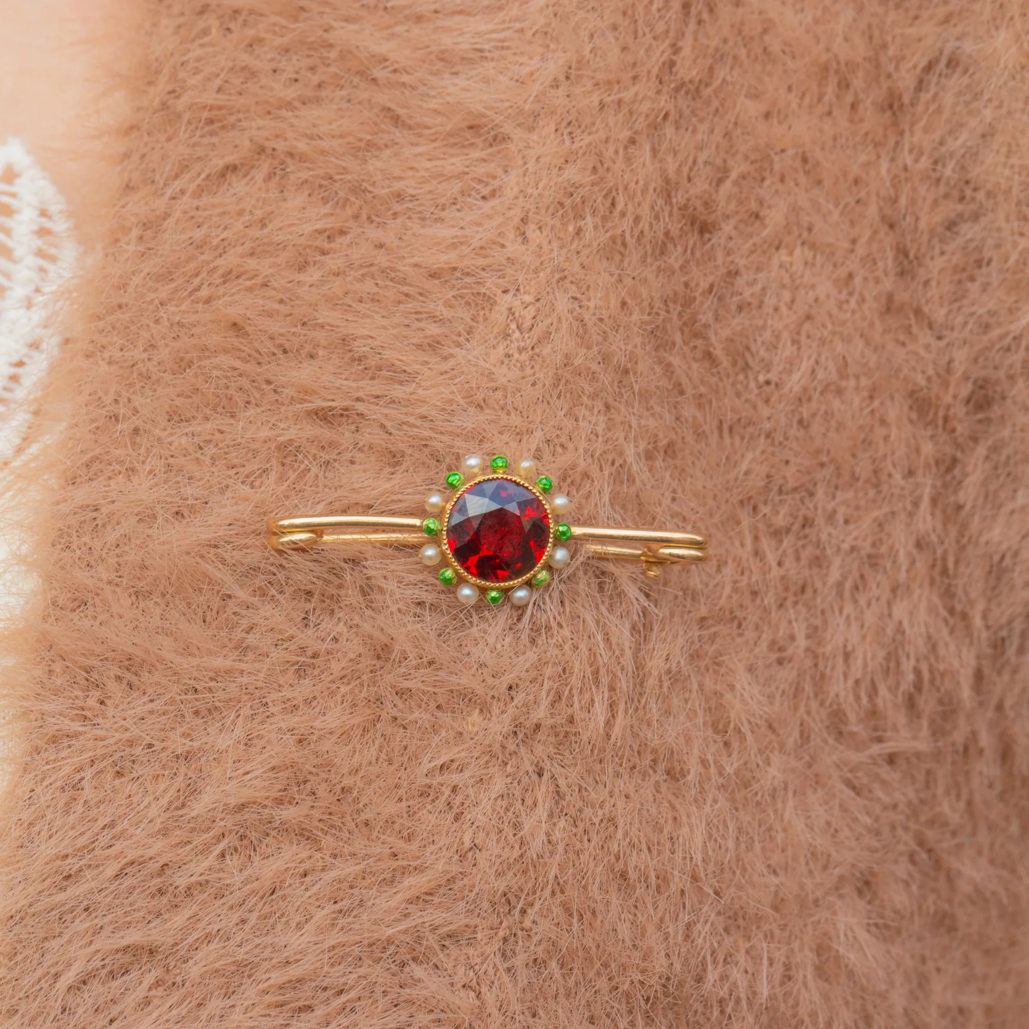 Antique 18ct Gold Garnet & Green Enamel Brooch, 2.10ct Garnet