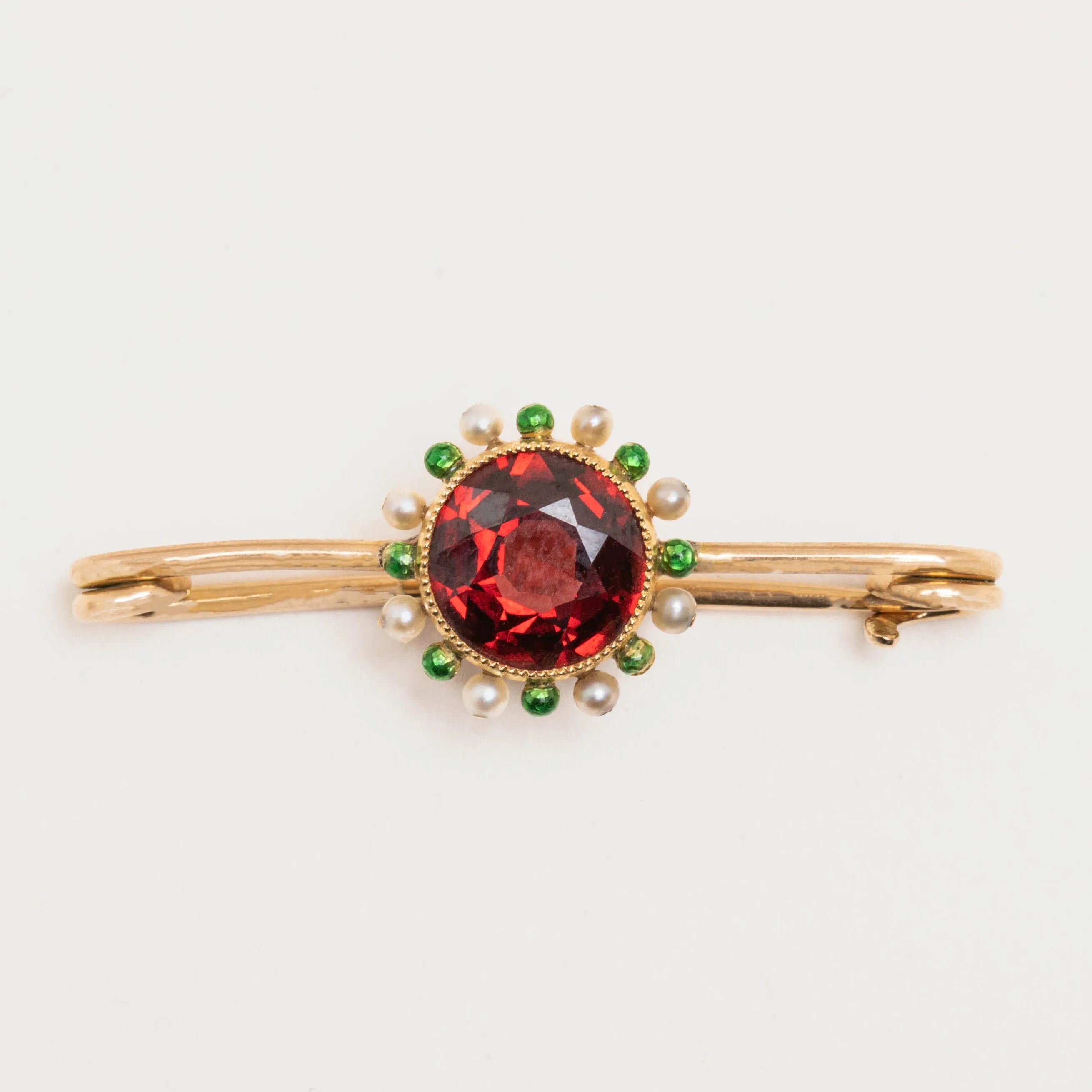 Antique 18ct Gold Garnet & Green Enamel Brooch, 2.10ct Garnet