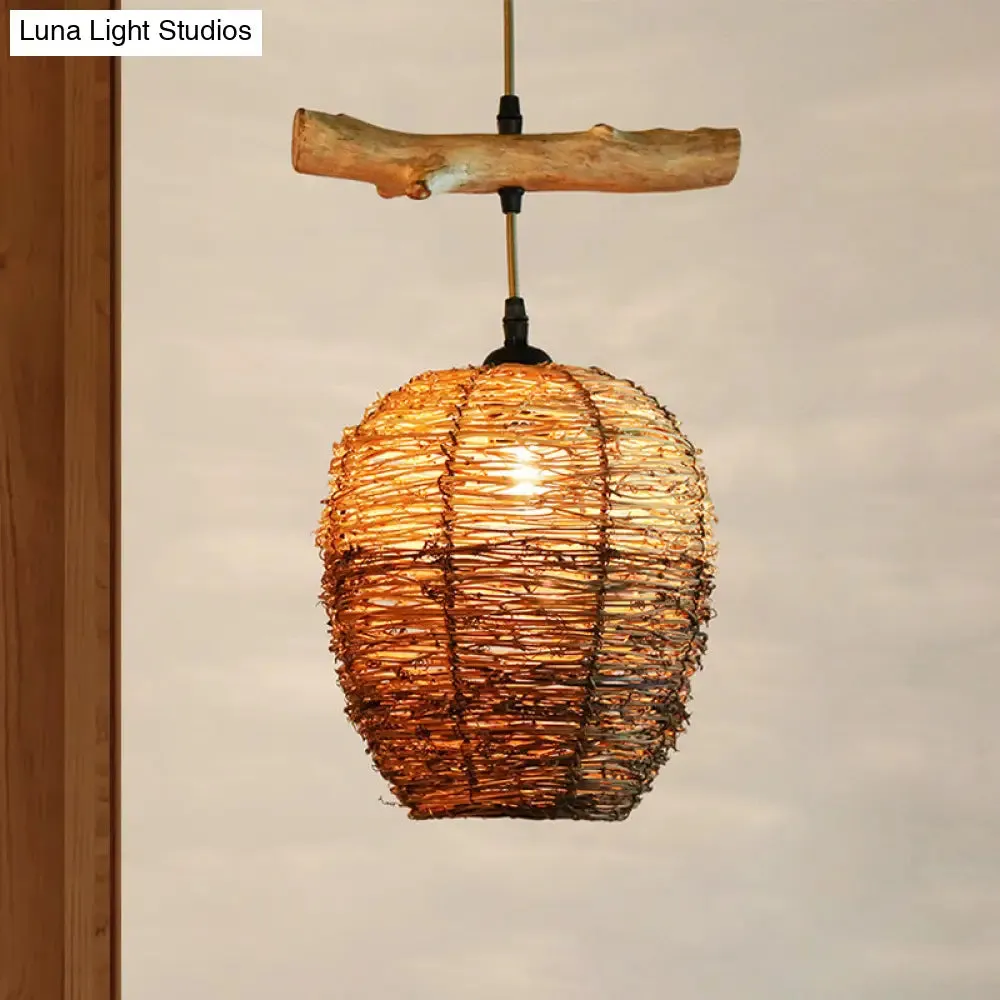 Asia Flaxen Pendant Lamp with Urn Rattan Shade - Stylish Hanging Ceiling Light for Restaurants