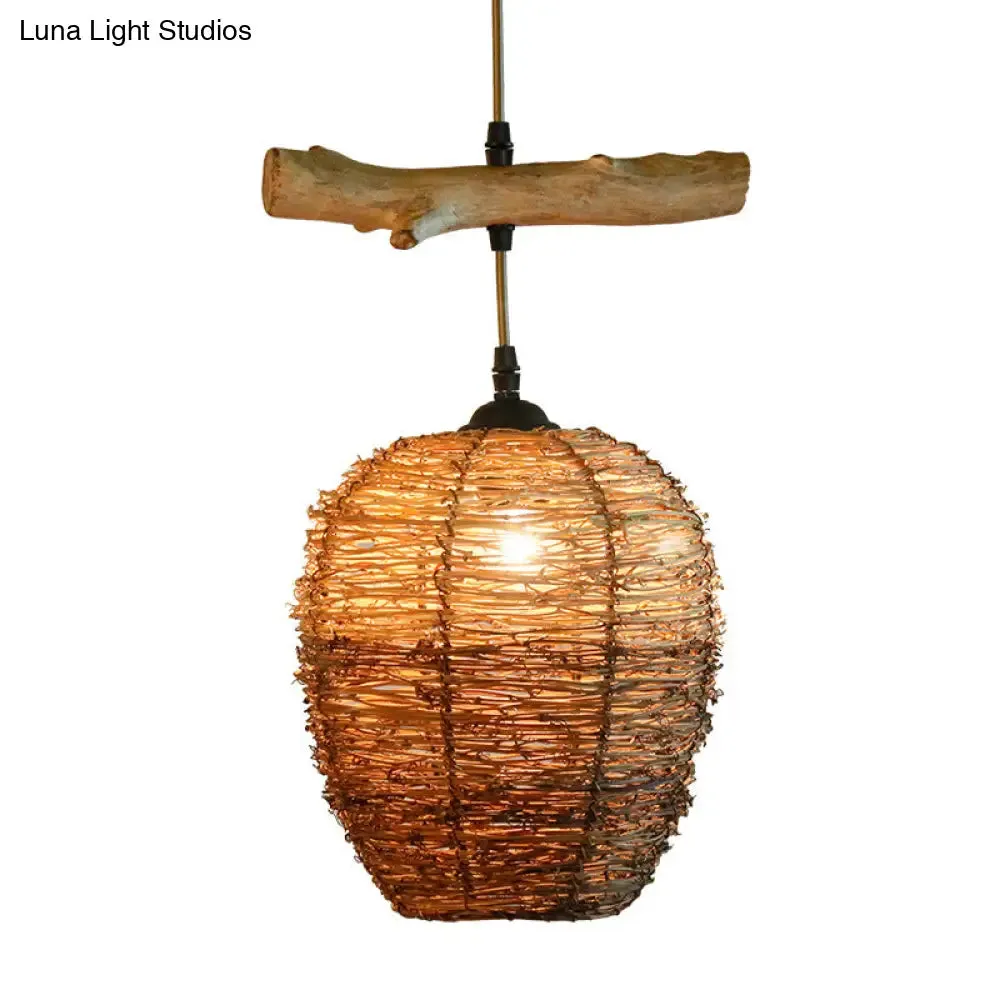 Asia Flaxen Pendant Lamp with Urn Rattan Shade - Stylish Hanging Ceiling Light for Restaurants