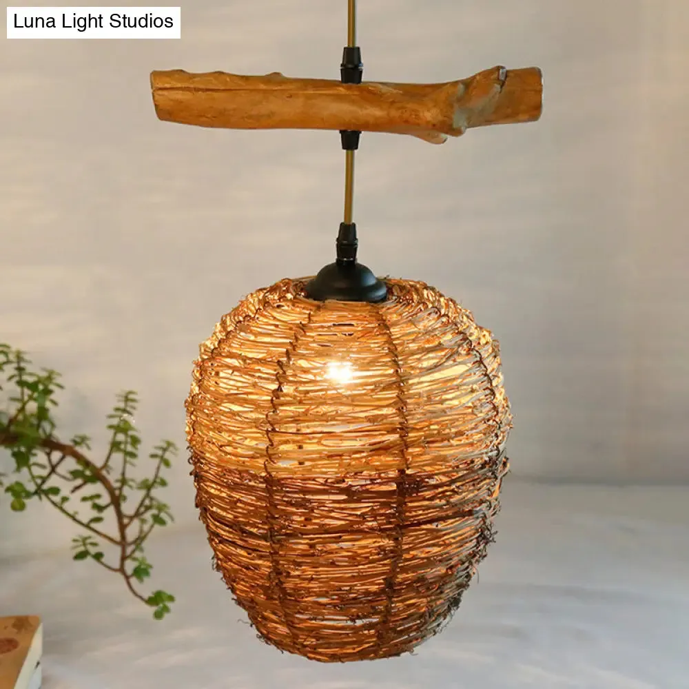 Asia Flaxen Pendant Lamp with Urn Rattan Shade - Stylish Hanging Ceiling Light for Restaurants