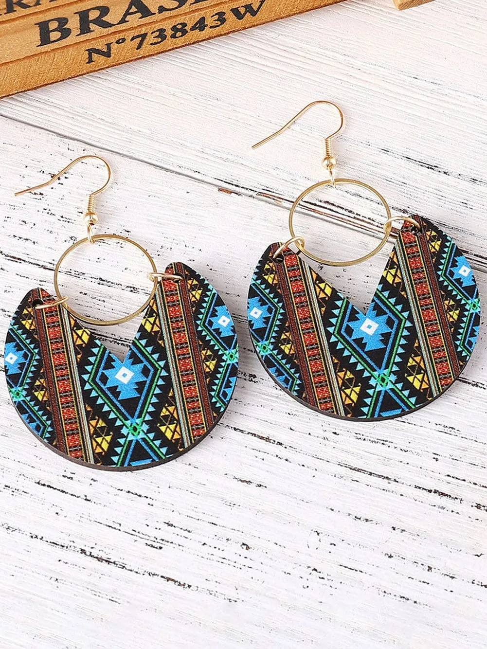 Aztec Circle Geometric Wooden Earrings with Multicolour Tribal Vibe