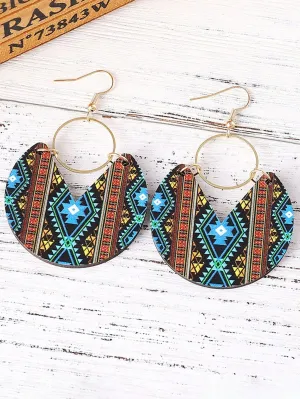 Aztec Circle Geometric Wooden Earrings with Multicolour Tribal Vibe