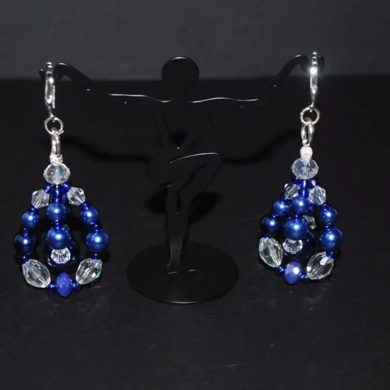 Blue Glass Pearls Crystal Chandelier Earrings