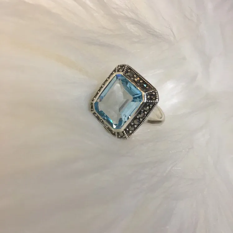 Blue Topaz Queen Solitaire Silver Ring Art Deco style Marcasite