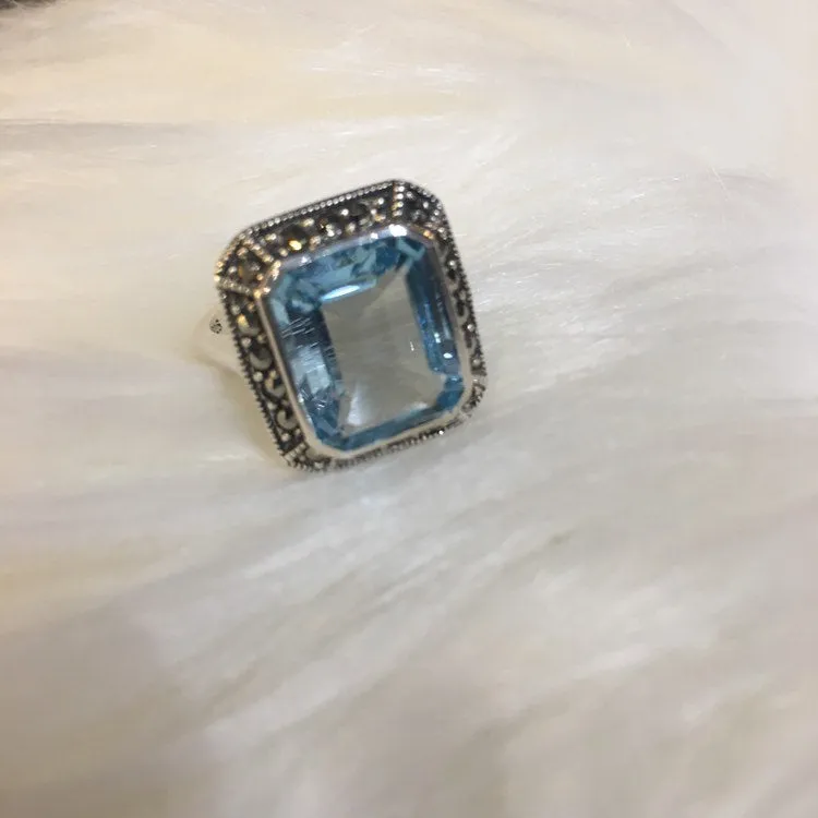 Blue Topaz Queen Solitaire Silver Ring Art Deco style Marcasite