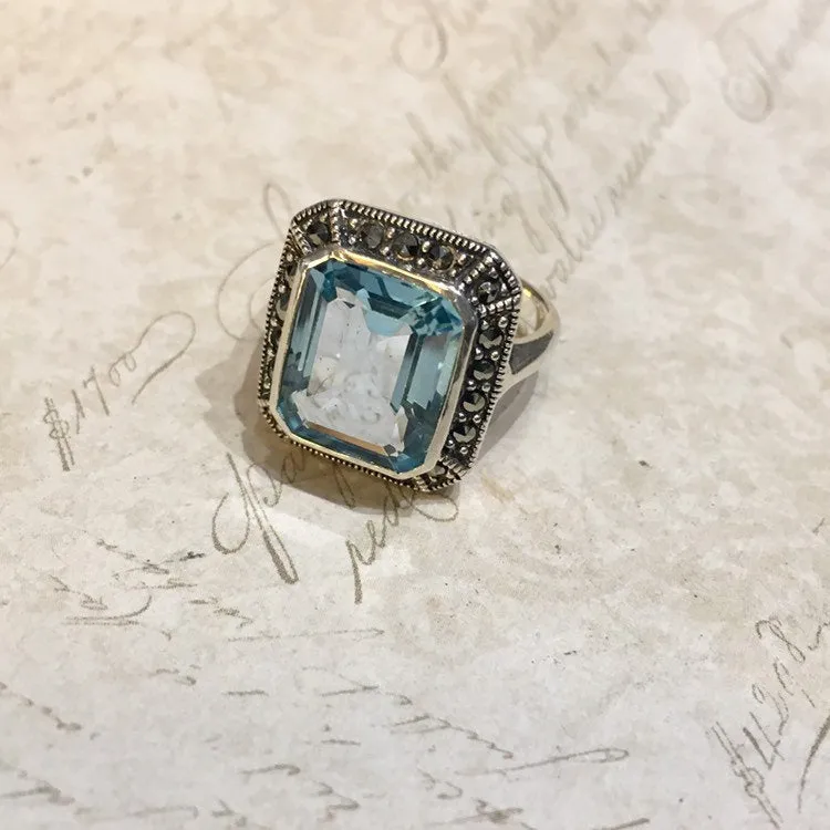 Blue Topaz Queen Solitaire Silver Ring Art Deco style Marcasite