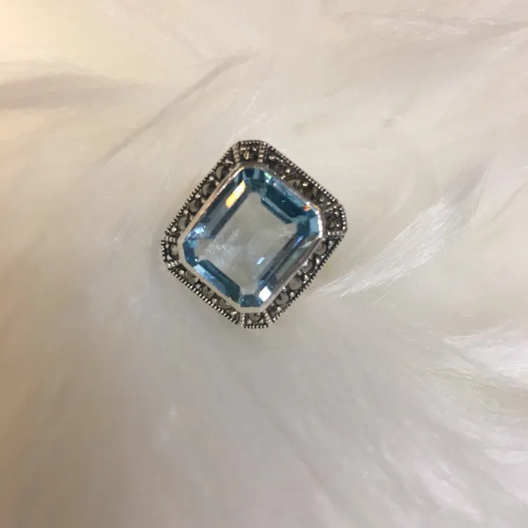 Blue Topaz Queen Solitaire Silver Ring Art Deco style Marcasite