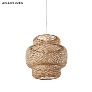 Criss-Cross Woven Bamboo Lantern Pendant Asian Style Hanging Light in Black/Beige, 15"/19.5" W