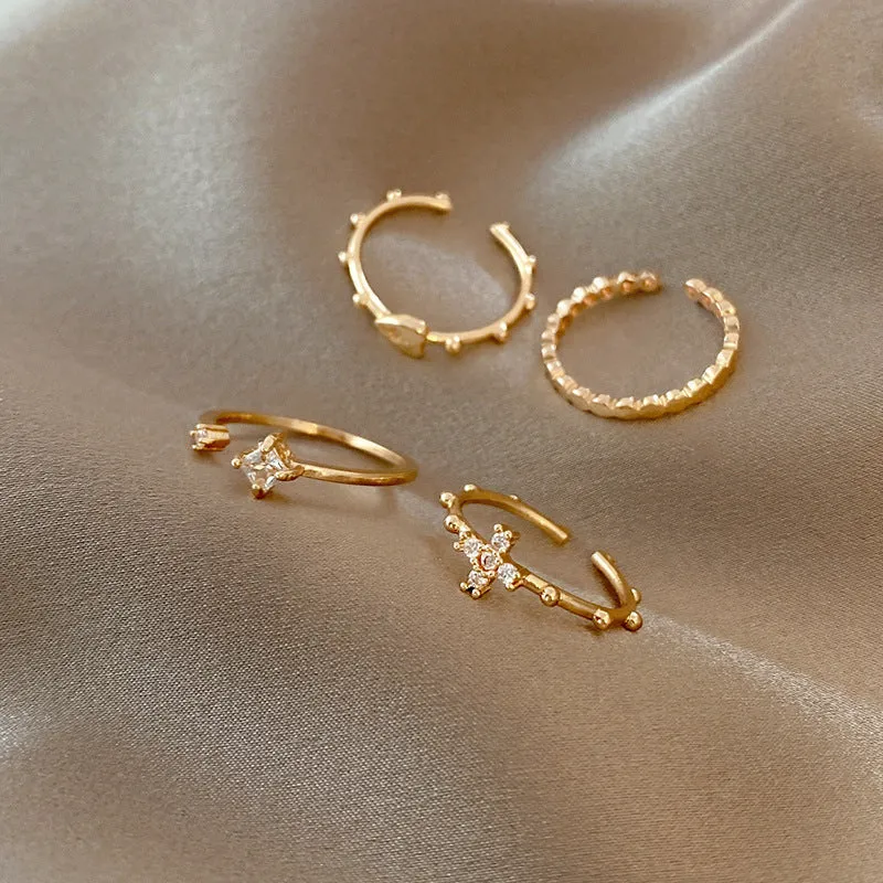 Cross Heart 14K Gold Adjustable Dainty Ring Set