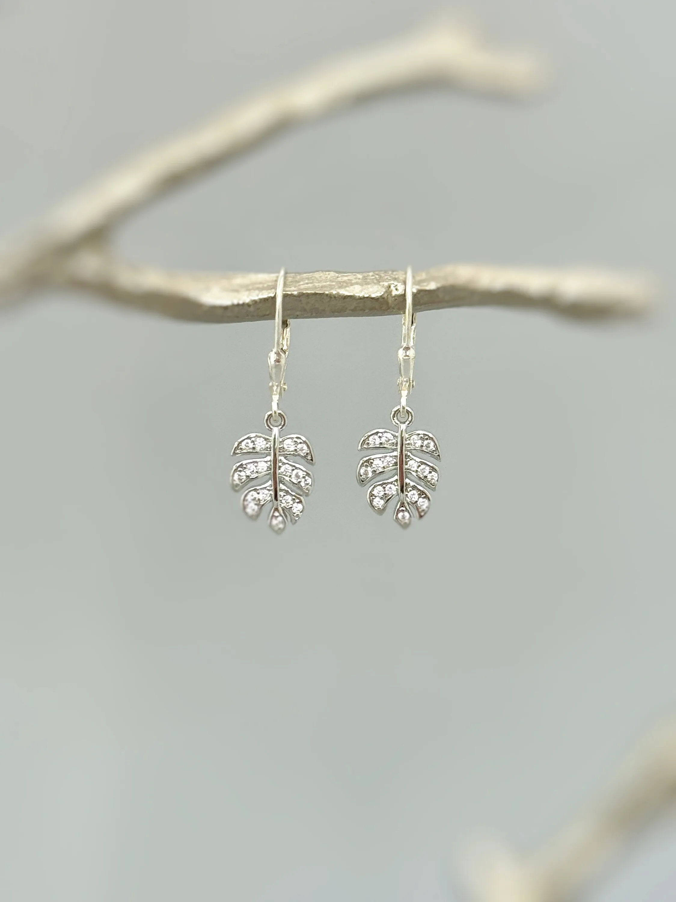 Crystal Monstera Leaf earrings dangle, gold, silver, rose gold