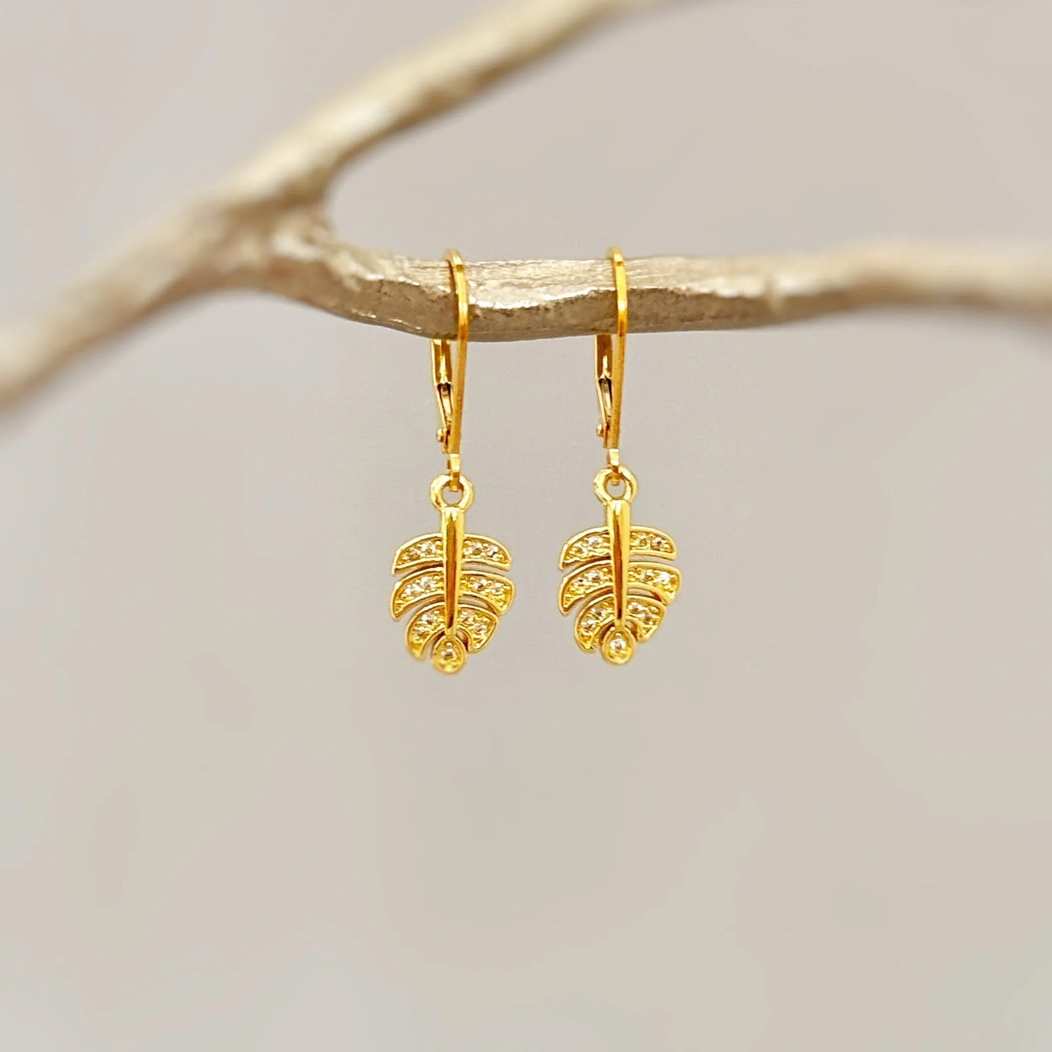 Crystal Monstera Leaf earrings dangle, gold, silver, rose gold