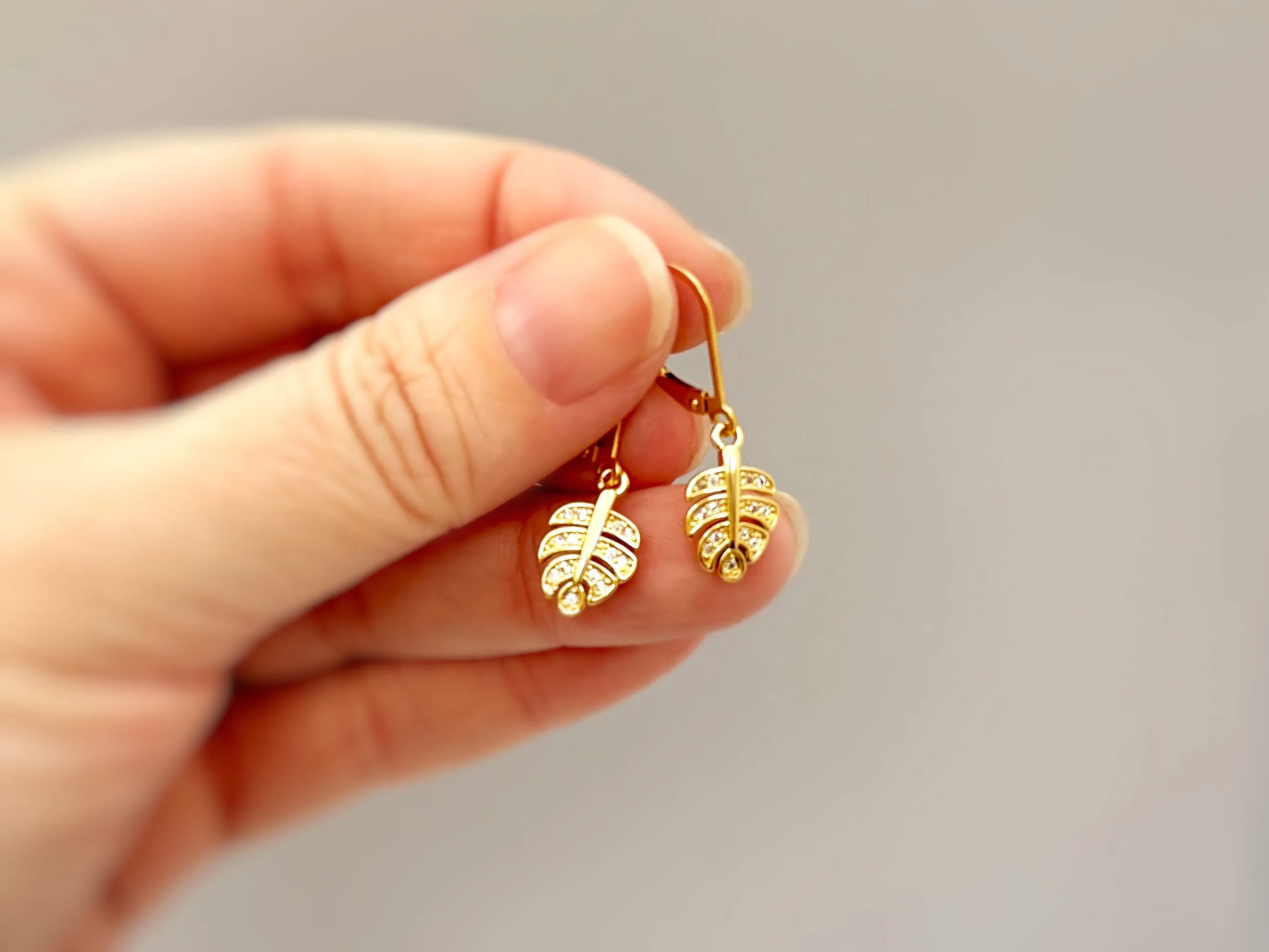 Crystal Monstera Leaf earrings dangle, gold, silver, rose gold