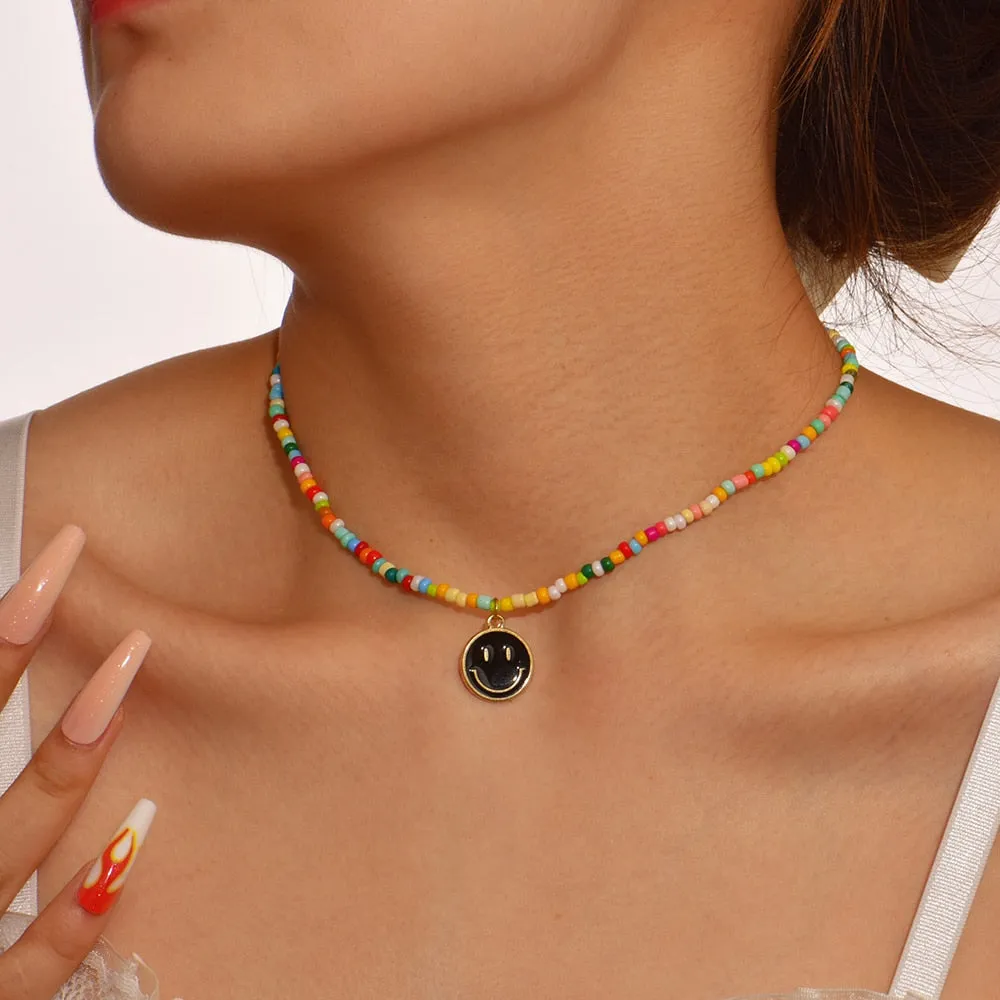 Cute Enamel Yellow Smiley Face Pendant Necklace for Women Bohemian Handmade Beaded Chain Chokers Necklace Wholesale Jewelry