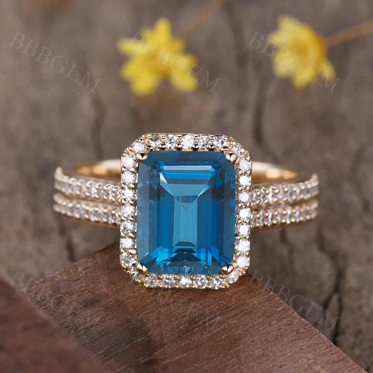 Diamond Halo 8x10mm London Blue Topaz Engagement Ring Emerald Cut 4mm Diamond Band