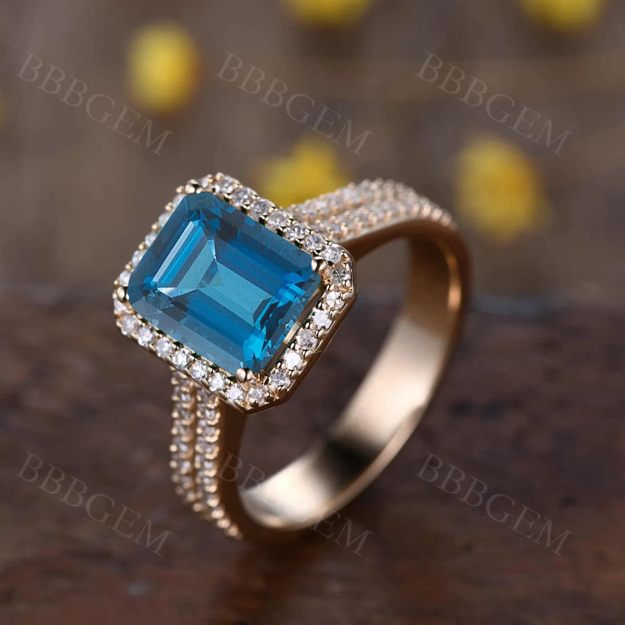 Diamond Halo 8x10mm London Blue Topaz Engagement Ring Emerald Cut 4mm Diamond Band