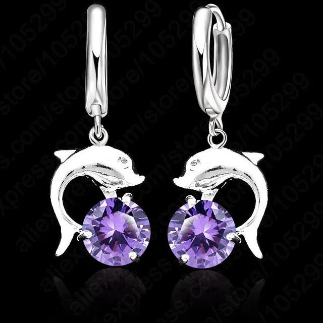 Dolphin Earrings With Cubic Zirconia - Lever Back Earrings - Clear Or Purple