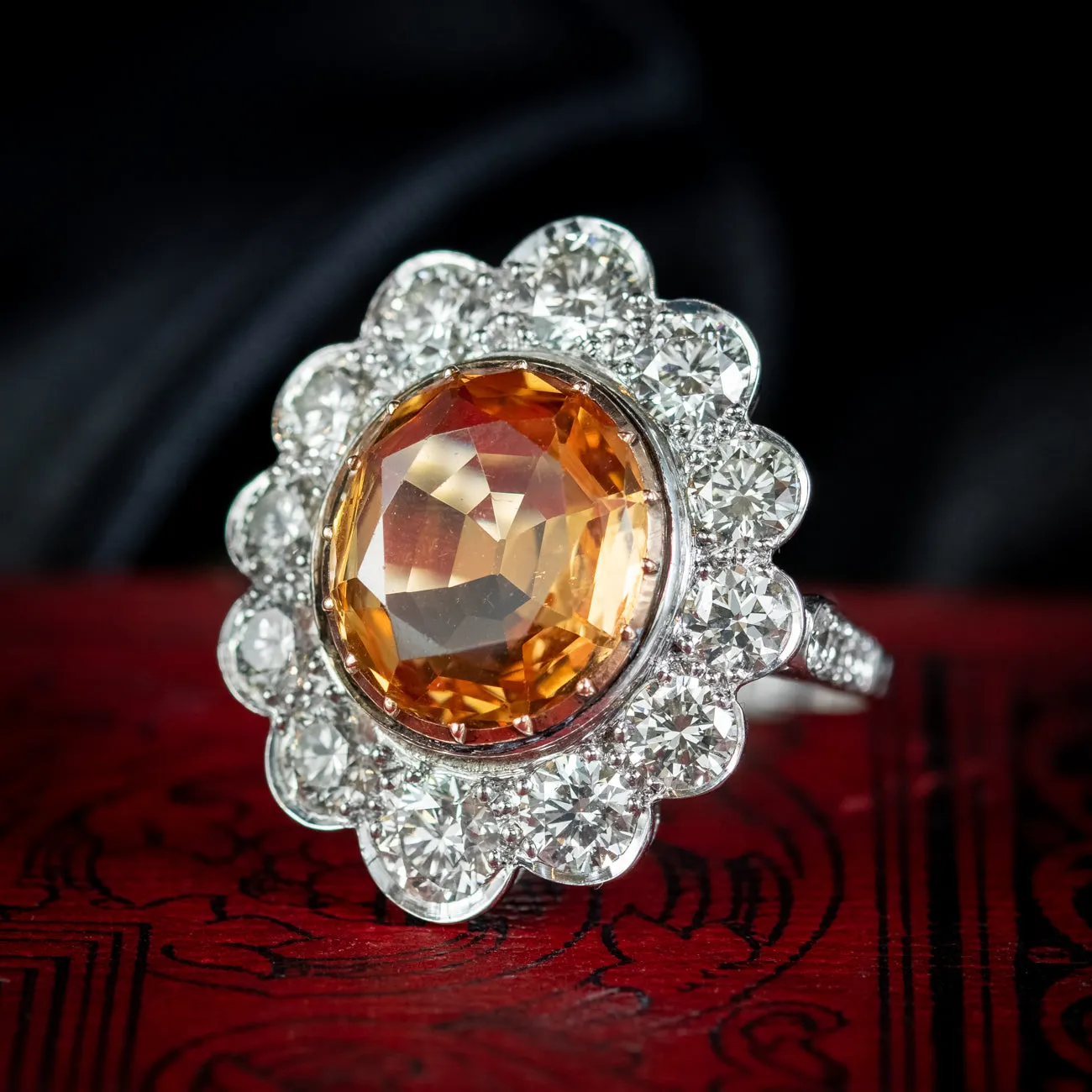 Edwardian Style Orange Topaz Diamond Cocktail Ring 6.5ct Topaz